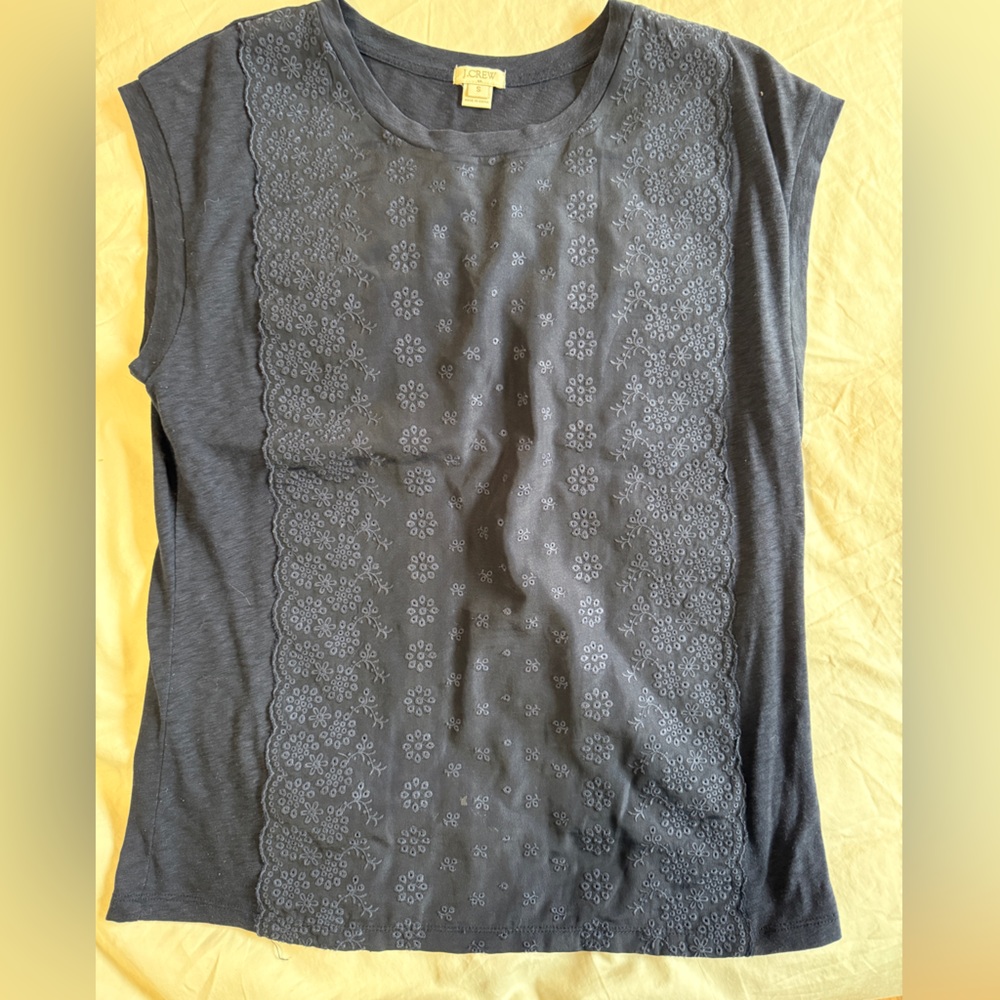 J. Crew Navy Floral Embroidered Top